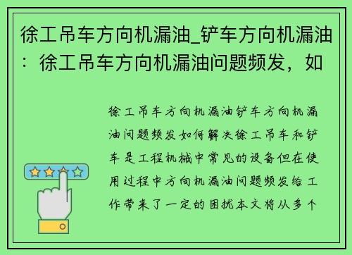 徐工吊车方向机漏油_铲车方向机漏油:徐工吊车方向机漏油问题频发,如何解决?