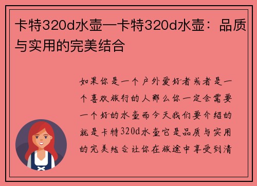 卡特320d水壶—卡特320d水壶:品质与实用的完美结合