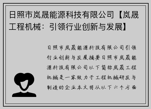 日照市岚晟能源科技有限公司【岚晟工程机械:引领行业创新与发展】