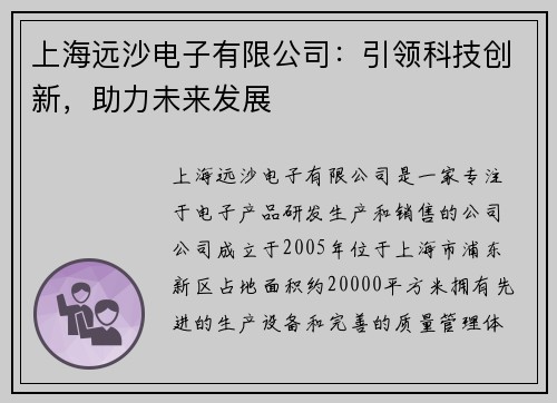 上海远沙电子有限公司:引领科技创新,助力未来发展